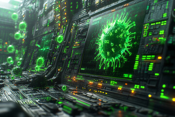 Close up of computer screen displaying digital virus, surrounded by glowing green elements and intricate circuitry, evokes sense of technological chaos and digital threat