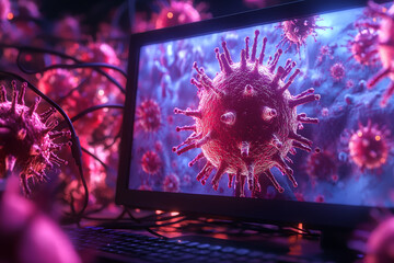 Close up of computer screen displaying vibrant digital representation of virus, surrounded by abstract virus like structures. image evokes sense of urgency and scientific exploration