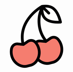 Minimalist cartoon illustration of two red cherries with leaf and bold black outlines, isolated on a white background for graphic or design use.
