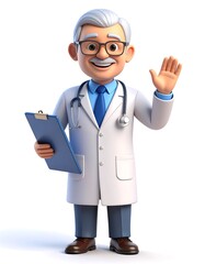 Friendly cartoon doctor waves, holding clipboard; cheerful medical professional.
