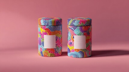 Two Cylindrical Jars with Colorful Wave Pattern Labels on Pink Background