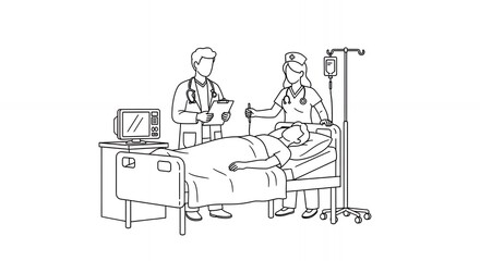 Monochrome Medical Scene Doctors Examining Patient in Bed Hand Drawn Sketch Style Illustration Line Art Outlines Clean Design in Black and White Isolated on White Background with Medical Equipment