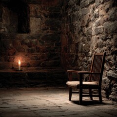 Stone-walled room, lone chair, candlelight, ancient setting; mystery, suspense, or historical setting