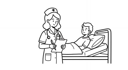 Nurse Taking Notes on Patient in Hospital Bed Medical Hand Drawn Sketch Line Art Outline Doodle Minimal Black and White Simple Cartoon Drawing Illustration Monochrome Ink Isolated Vector Style Clean