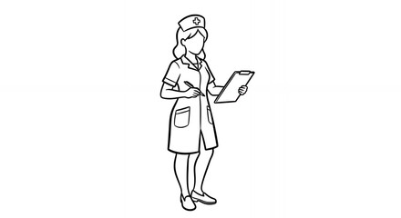 Obraz premium Nurse Taking Notes with Clipboard, Medical Hand Drawn Sketch in Black and White, Simple Line Art Illustration of Healthcare Professional Isolated on White Background, Minimalistic Design Style