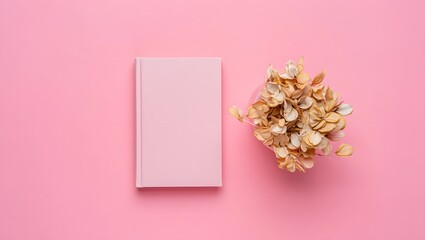 Minimalist flat lay of a pink notebook and dried flowers on a pastel pink background