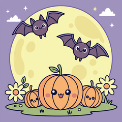 Two cute bats fly above happy pumpkins with a big moon backdrop