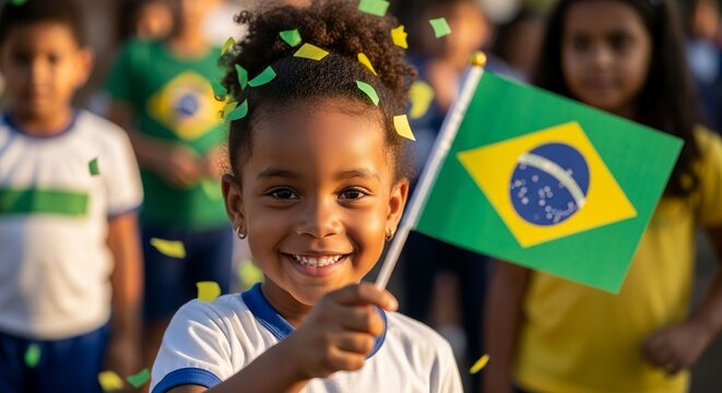 A cheerful girl proudly waves the flag of brazil during a celebration