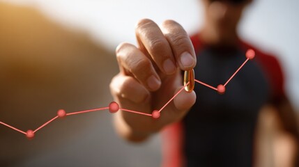 Athletes hand midmotion taking omega3 capsule background VO2max line chart ascending softly out of focus representing enhanced oxygen uptake and stamina improvement.
