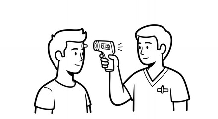 Simple Line Art Illustration of Medical Professional Taking Patient Temperature With Non Contact Thermometer a Black and White Minimalist Design, Perfect for Healthcare and Safety Related Graphics