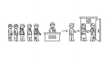 Fototapeta premium Simple Line Art Depicts Patients Waiting to See a Doctor at a Desk Before Entering a Room in Minimalist Black and White Medical Illustration, Perfect for Healthcare Materials medical hand drawn