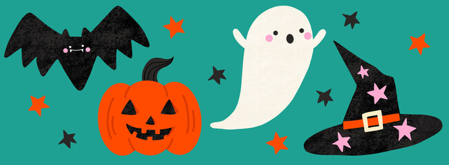 Halloween pumpkin bat ghost witch hat vector illustration set png collection, autumn fall icon symbol on a plain green background 