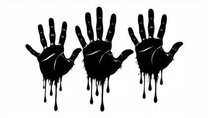 Three black handprints drip downward on a white background, creating a haunting, eerie effect as if the hands are emerging from ink or shadows.