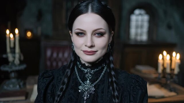 Elegant gothic woman with braids and dark makeup indoors.