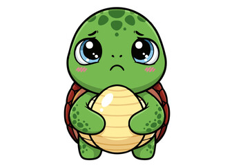 Obraz premium Cute Sad Cartoon Turtle Holding an Egg.