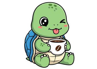 Cartoon Turtle with Coffee Cup Winking and Sticking Out Tongue.