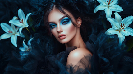Artistic portrait of a woman with intense blue makeup, surrounded by white lilies and black tulle