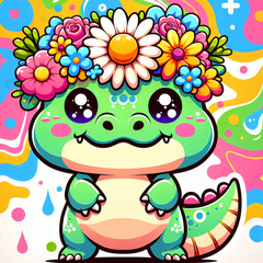 Cute Baby Alligator with Flower Crown
