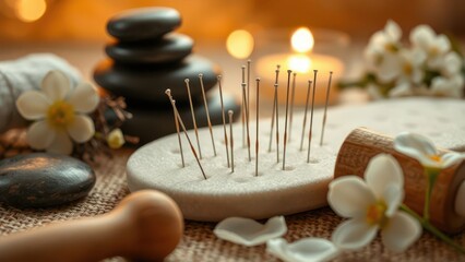Acupuncture wellness scene with needles and spa elements
