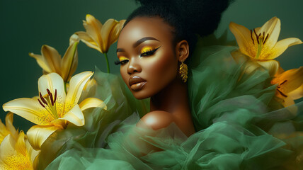 A beautiful, attractive, and sensual African-American woman with vibrant makeup and radiant skin on a green floral background.