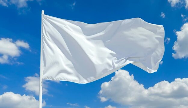 Blank white banner flag on pole against clear sky. Offers ample space for custom advertising or branding
