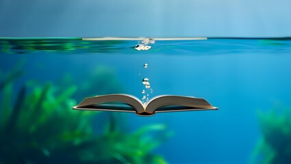 Open book submerged underwater with bubbles rising