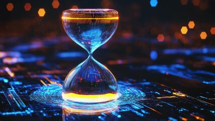 Digital hourglass measuring time on futuristic circuit board - Powered by Adobe