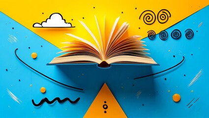 An art collage featuring an open book on a blue background with space for text.