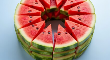 An artistic arrangement of fresh watermelon slices creating a vibrant circular pattern on a blue background, a concept of summer refreshment and healthy living