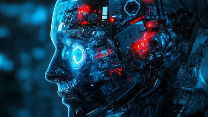 Artificial intelligence processing data in futuristic cyborg head - Powered by Adobe