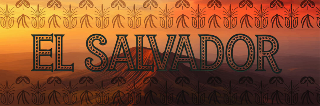 El Salvador Text Banner with Coffee and Volcano Motifs at Sunset – Traditional Central American Art Illustration