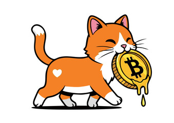 Fototapeta premium Orange Tabby Cat Carrying a Melting Bitcoin Coin.