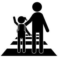 横断歩道を手を挙げて渡る子どもと見守る大人のピクトグラム