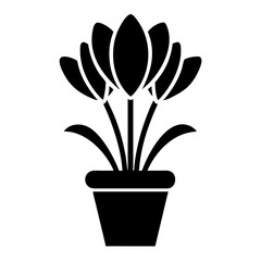 Black silhouette of a flower pot with blossoming flowers and leaves