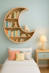 Whimsical crescent moon bookshelf filled with books and toys above a cozy bed