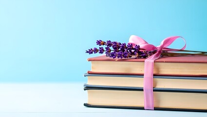 Stack of old books tied with a pink ribbon and lavender sprigs