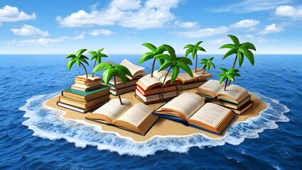 Island of knowledge books form a tropical paradise in the ocean