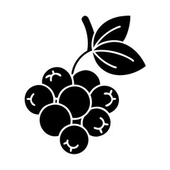 Black silhouette icon of a bunch of berries with leaves and stem