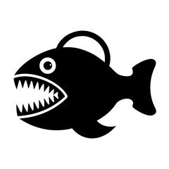 Cartoon Illustration of a Black Anglerfish with Green Eyes and Wavy Lines