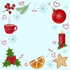 Christmas Holiday Frame with festive elements - candle, cookie, cup, holly, ornament, and hearts. Perfect for cards, banners, or invitations. Vector illustration 