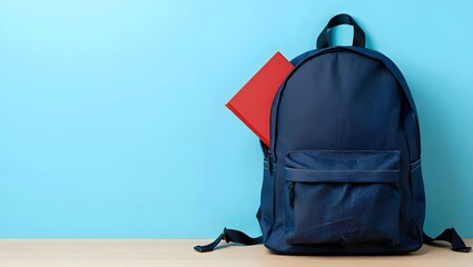 Dark blue backpack with red book against a bright blue background