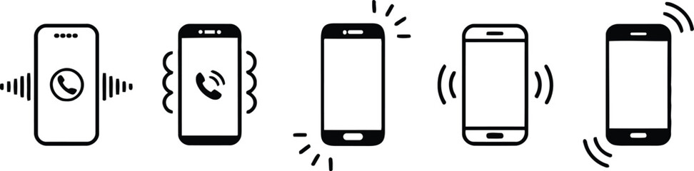 Five ringing and vibrating smartphones with call icons mobile phone