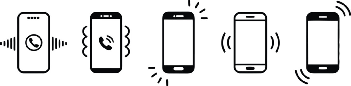 Five ringing and vibrating smartphones with call icons mobile phone