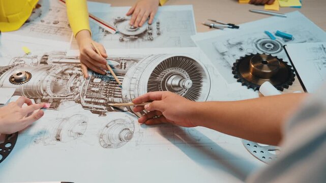 A dynamic scene of engineers collaborating on technical drawings of engine components, utilizing colorful notes and various tools in a modern workspace environment. SACTR