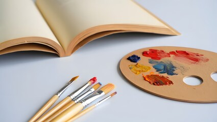 Artist s open book palette and brushes on a light blue surface