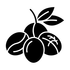 Stylized Icon of Olives on a Branch with Leaves in Black and White