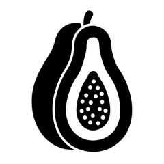 Black silhouette of a half sliced papaya fruit with numerous seeds