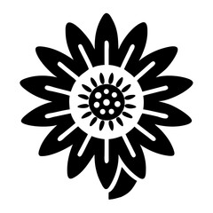 A black and white stylized sunflower with petals and a central disc