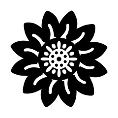 Stylized black and white flower with circular center and leaf pattern