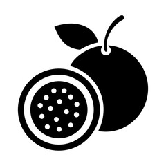 Minimalist black and white icon representing a passion fruit with a cut slice